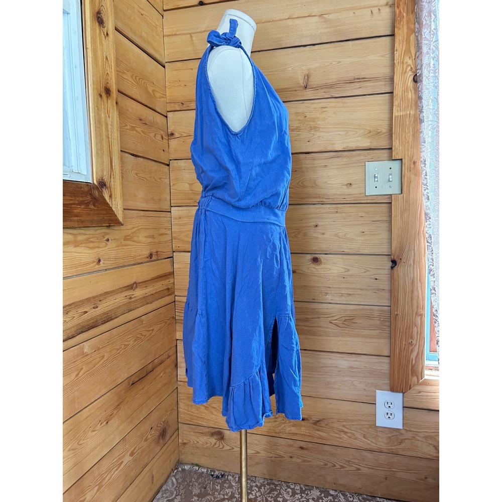 Linen Blend Sundress Women Large Royal Blue Shoulder Tie Tiered Ruffle Justina - Picture 5 of 14